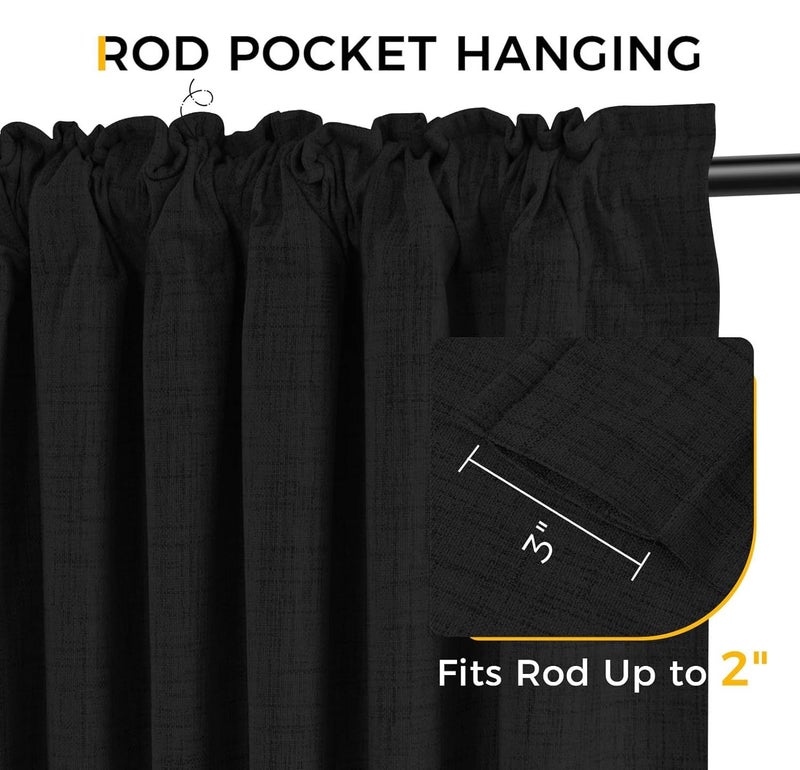 INOVADAY Blackout Curtains  2-Panel Linen Textured 100% Thermal Insulated Room Darkening Sun Blocking Drapes for Bedroom  Nursery  Living Room + 20 Curtain Ring Clips -W50 x L96  Black - Image 5