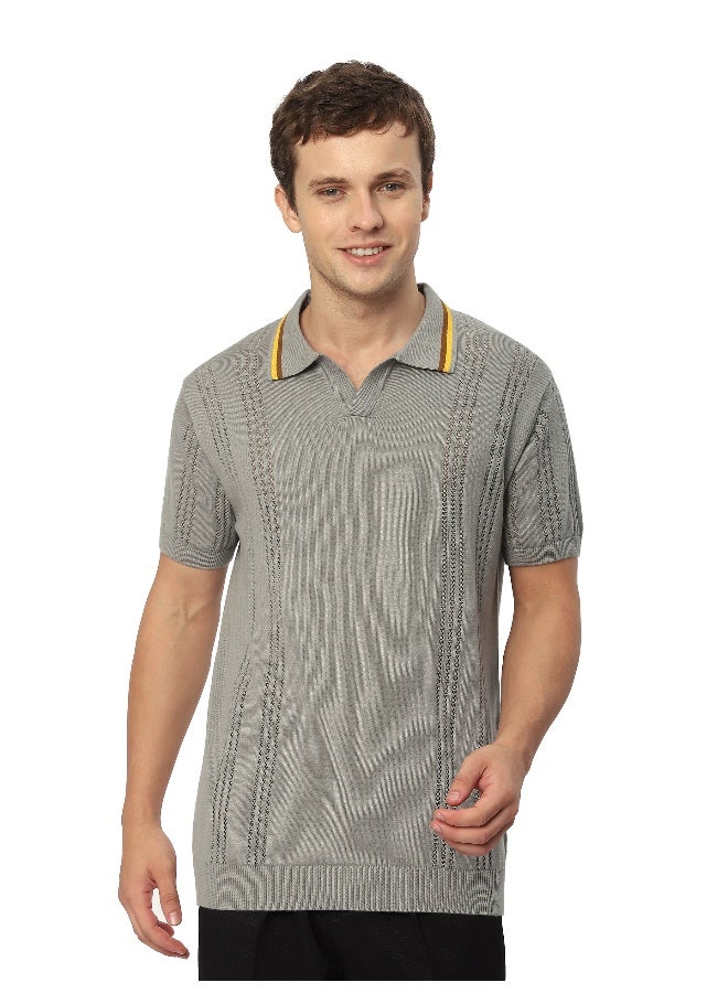Beyoung Grey Jacquard Collar Flat Knit Polo T-Shirt for Men  - Image 3