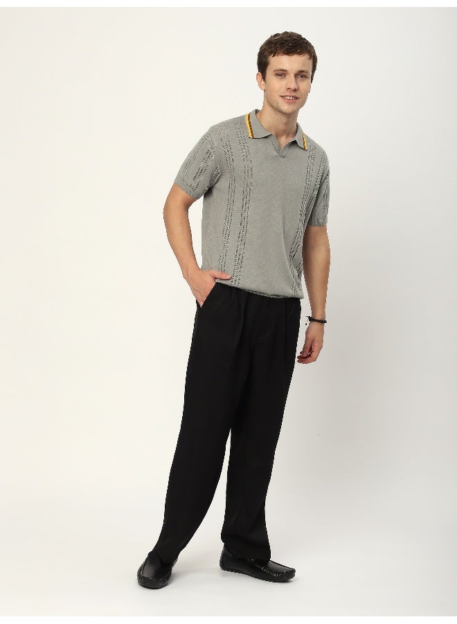 Beyoung Grey Jacquard Collar Flat Knit Polo T-Shirt for Men  - Image 4