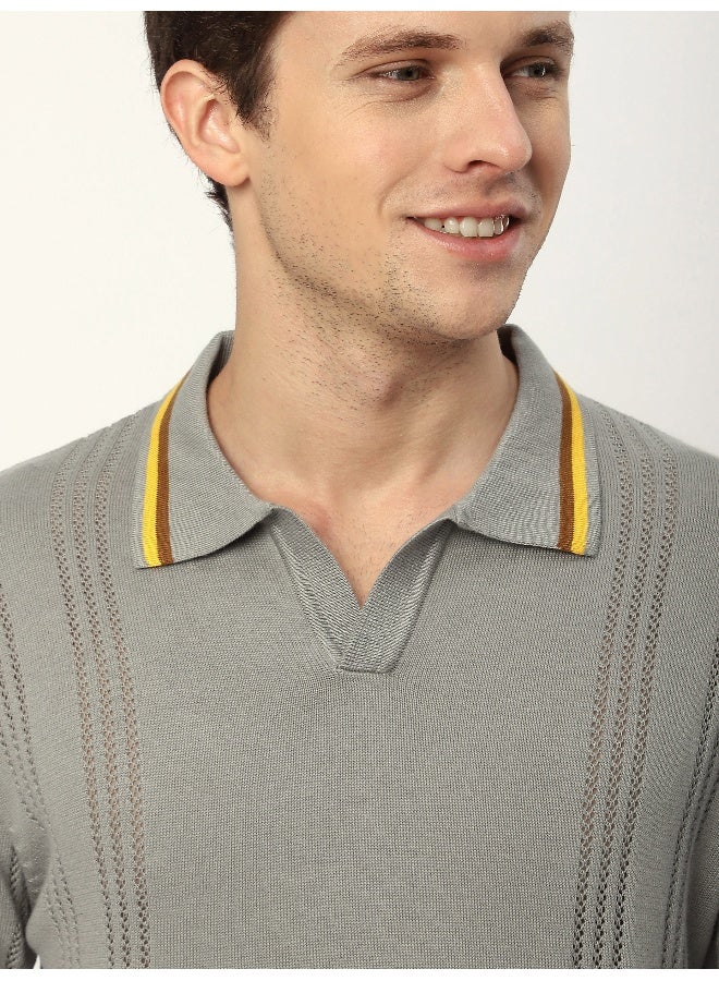 Beyoung Grey Jacquard Collar Flat Knit Polo T-Shirt for Men  - Image 5