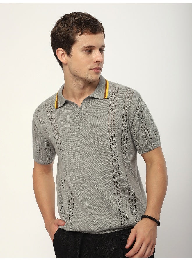 Beyoung Grey Jacquard Collar Flat Knit Polo T-Shirt for Men  - Image 1
