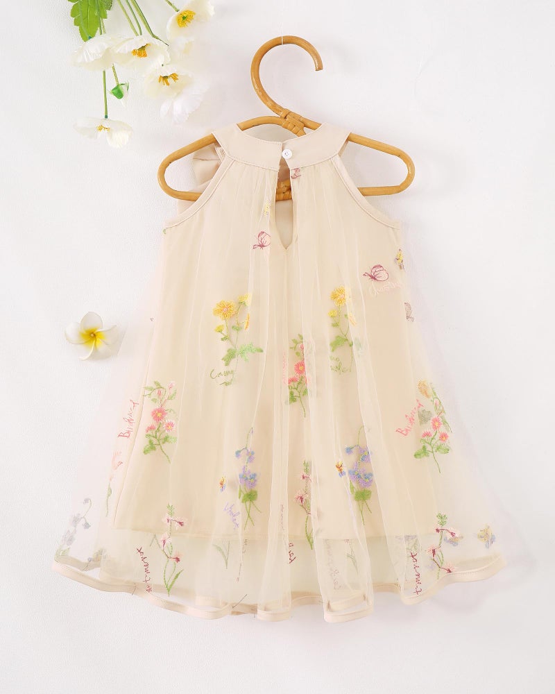 Saeaby Toddler Baby Girl Dress Summer Clothes Floral Sleeveless Birthday Party Tulle Dresses Beach Sundress Outfit Ruched Beige Dress for Girls 12-18 Months - Image 4