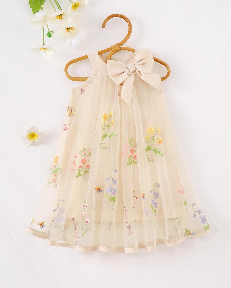 Saeaby Toddler Baby Girl Dress Summer Clothes Floral Sleeveless Birthday Party Tulle Dresses Beach Sundress Outfit Ruched Beige Dress for Girls 12-18 Months - Image 3