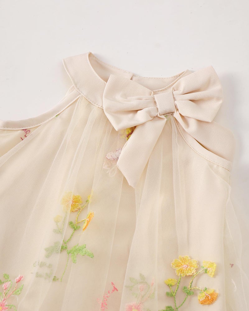 Saeaby Toddler Baby Girl Dress Summer Clothes Floral Sleeveless Birthday Party Tulle Dresses Beach Sundress Outfit Ruched Beige Dress for Girls 12-18 Months - Image 5