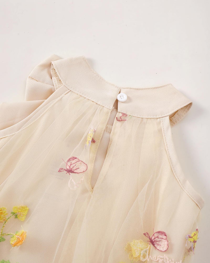 Saeaby Toddler Baby Girl Dress Summer Clothes Floral Sleeveless Birthday Party Tulle Dresses Beach Sundress Outfit Ruched Beige Dress for Girls 12-18 Months - Image 2