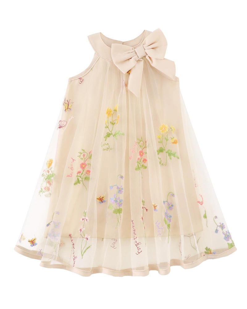 Saeaby Toddler Baby Girl Dress Summer Clothes Floral Sleeveless Birthday Party Tulle Dresses Beach Sundress Outfit Ruched Beige Dress for Girls 12-18 Months - Image 1