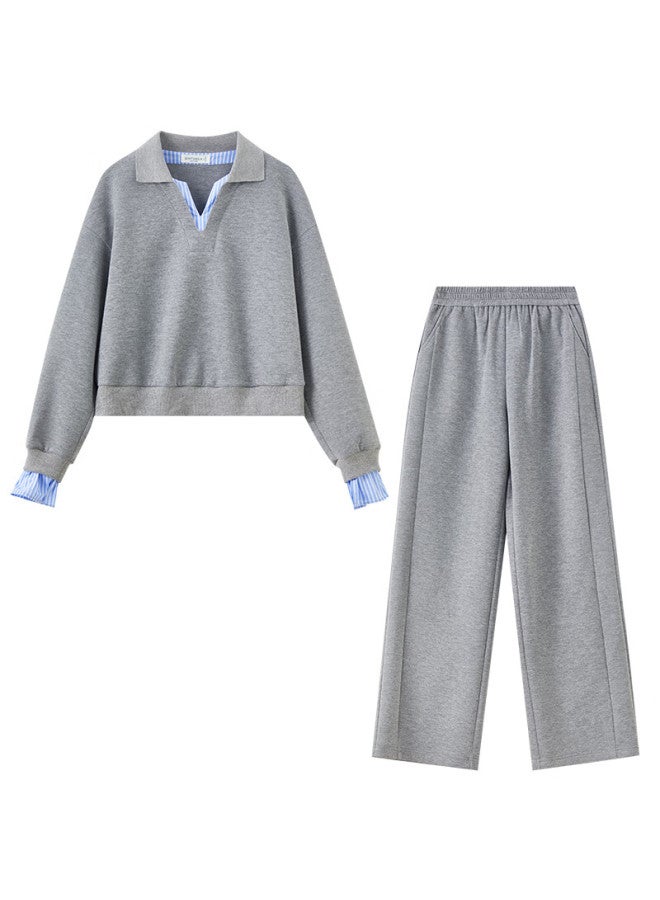 Sentubila Shangdu Bila Women's Casual Set Autumn Color-block Fake Two-piece Loose Long Sleeve Sweatshirt With Elastic Waist Wide-leg Pants Two-piece Set - Image 4