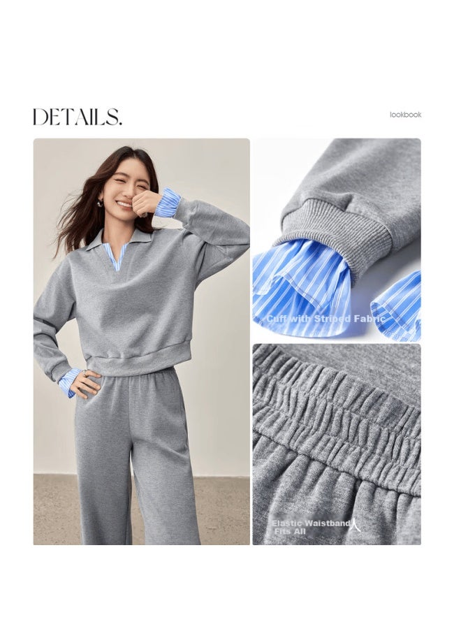 Sentubila Shangdu Bila Women's Casual Set Autumn Color-block Fake Two-piece Loose Long Sleeve Sweatshirt With Elastic Waist Wide-leg Pants Two-piece Set - Image 2