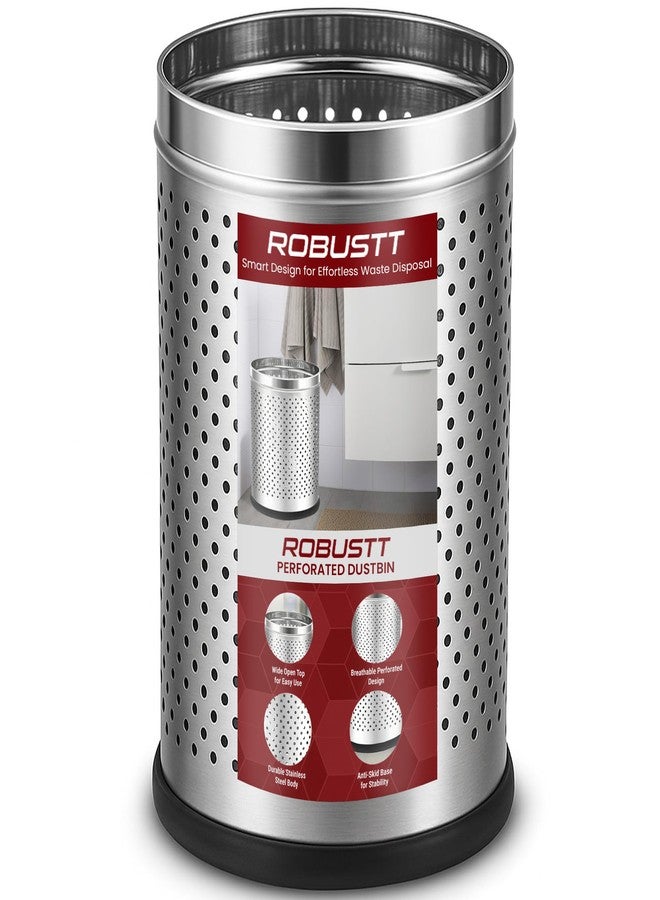 Robustt Stainless Steel Perforated Design Open Top Dustbin - 6L | 7 Inch (W) x 10Inch (H)| Silver Trash Can with Anti-skid Base | For Bathroom, Bedroom, Kitchen & Toilet or Commericial Use - Pack of 1 - Image 1