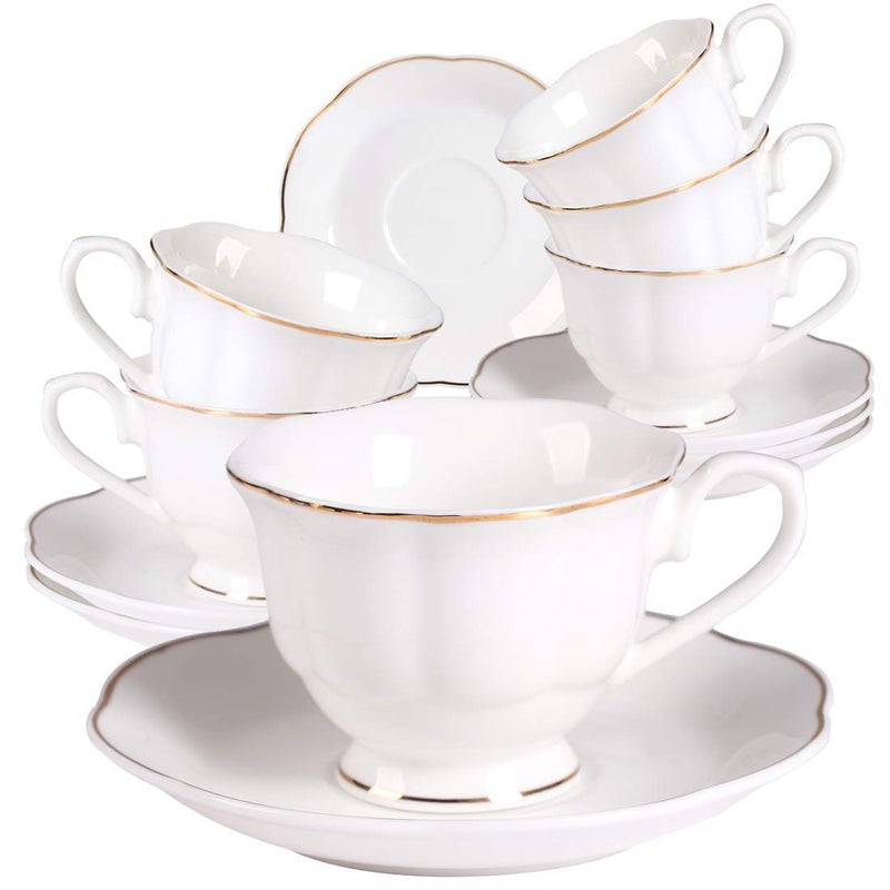 Guangyang 12 pieces Fine Porcelain 25oz Cups and Saucers set of 6 Turkish Coffee Cup set for Double Espresso White Color with Gold Trim