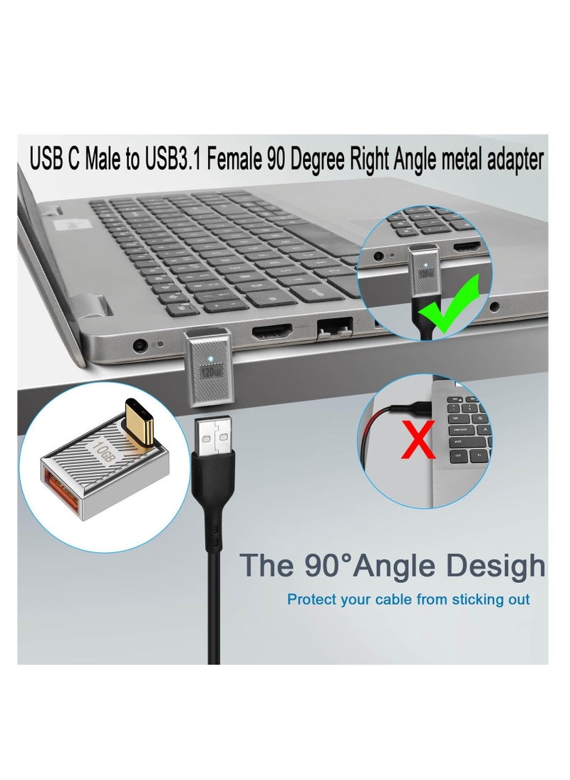 120W 90° Angle USB C to USB3.1 OTG Adapter, 2 Pcs 10Gbps USB C Male to USB3.1 Female Right Angle Data Connector, 24V5A Charging/Zn Alloy/LED, for Phone Tablet Steam Deck, Silver/Positive Bend - Image 2