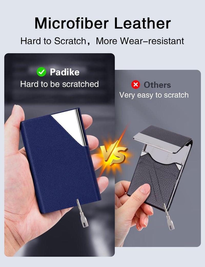 Padike Business Card Holder, Upgraded Leather Business Card Case Pocket Card Holders for Men or Women, Metal Slim Name Card Holder RFID Blocking Business Card Carrier with Magnetic Closure(Blue) - Image 3