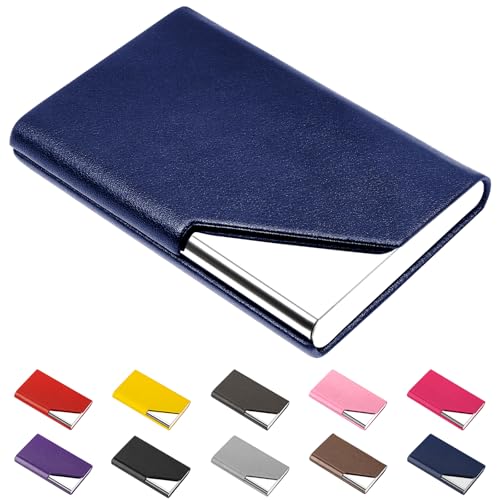 Padike Business Card Holder, Upgraded Leather Business Card Case Pocket Card Holders for Men or Women, Metal Slim Name Card Holder RFID Blocking Business Card Carrier with Magnetic Closure(Blue) - Image 1