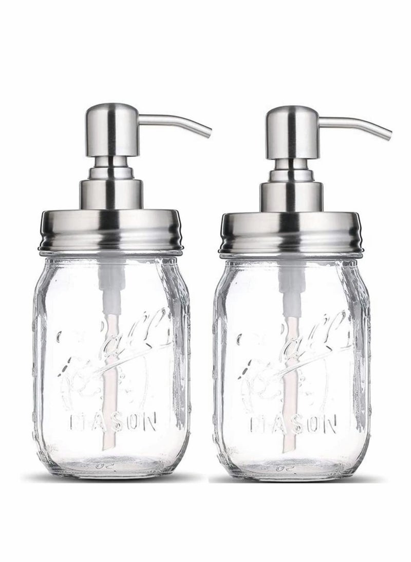 KASTWAVE Clear Glass Jar Soap Dispenser with Stainless steel pump Classic Decor for Bathroom Kitchen Farmhouse Decor Great for Essential Oils, Lotions, Liquid Soaps (Stainless Steel) 2 pcs  - Image 1