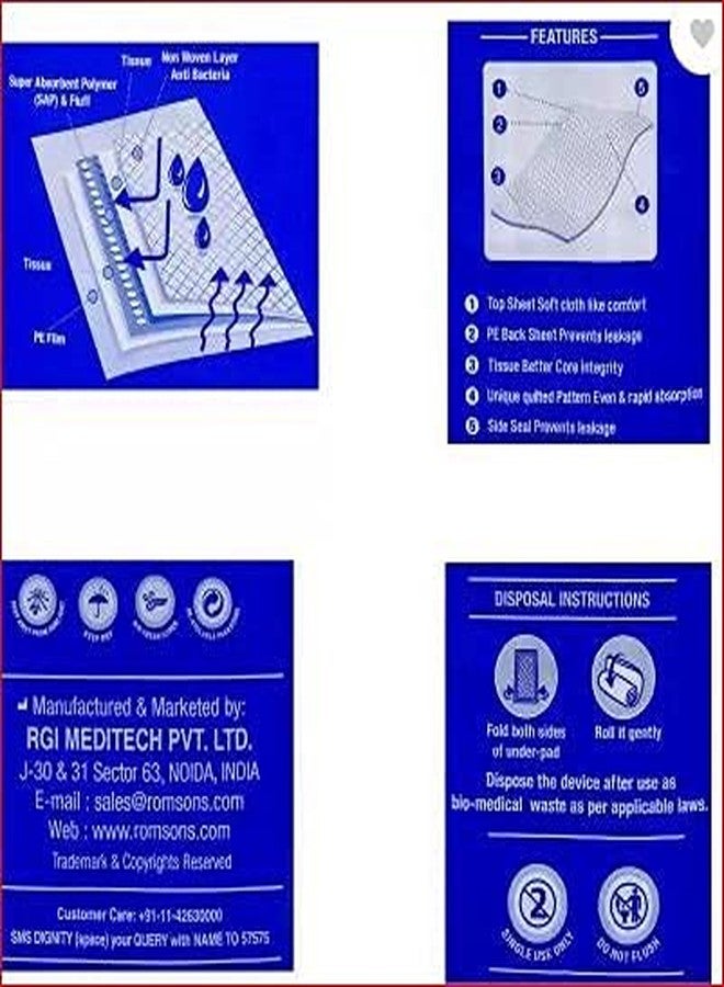 رومسونز فوط صحية من درايتكس - 5 طبقات ماصة للسوائل بتقنية متطورة - 60 × 90 سم - 10 قطع/عبوة (عبوة من 4 قطع) - Image 2