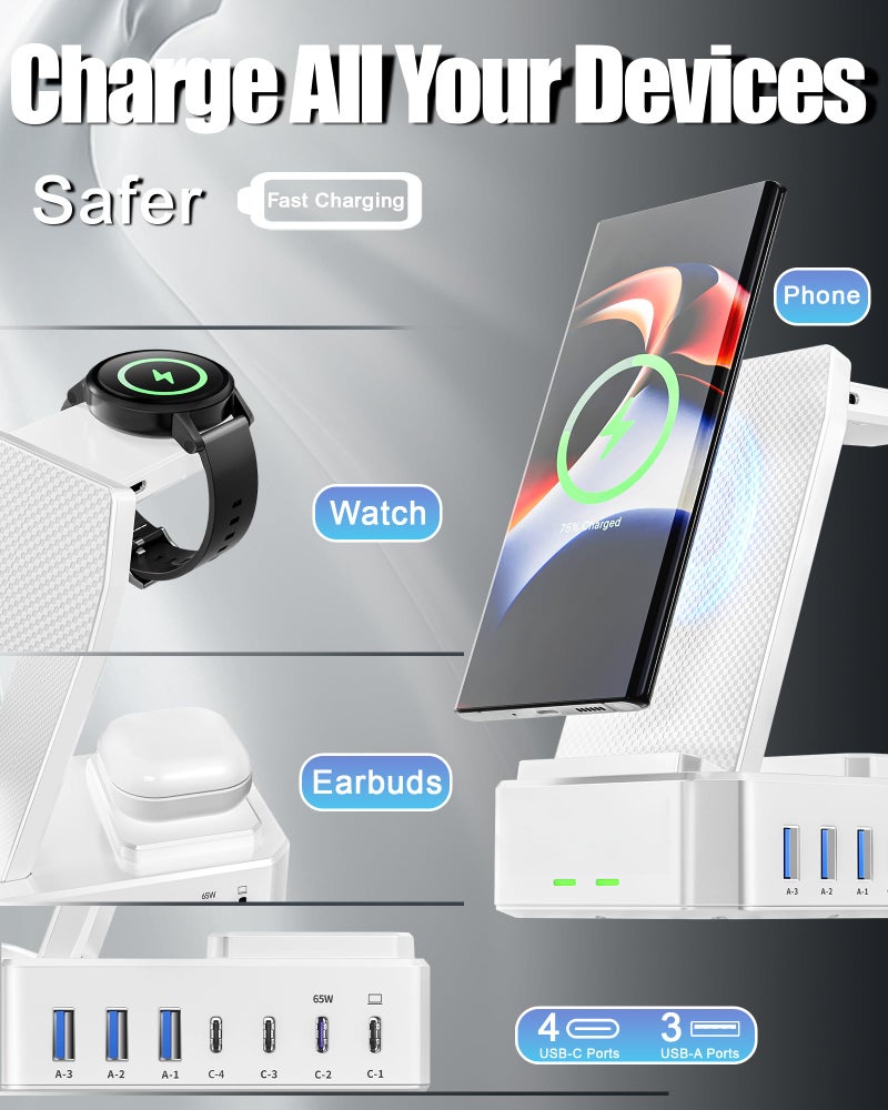 zutspzss 300W Wireless Charger for Samsung,Zutspzss 10 in 1 Wireless Charging Station, 65W USB C Fast Charging Stand for Samsung S25 Ultra/S24/S23/S22/Z Fold,Galaxy Watch Ultra7/6/5,Galaxy Buds,White - Image 2