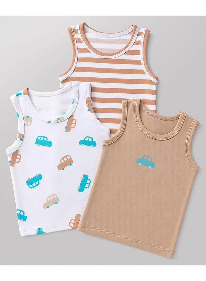 Babyhug Babyhug Cotton Single Jersey Knit Sleeveless Striped Antibacterial Vests With Car Print, Pack of 3 - Multicolor