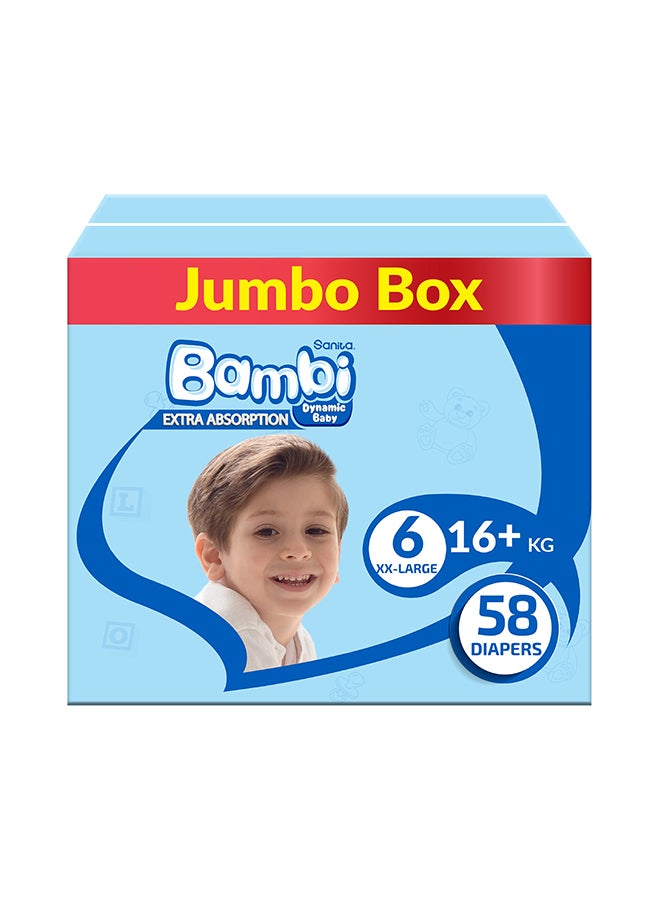 Sanita Bambi Baby Diapers Jumbo Box Size 6, XX Large +16 KG, 58 Count - Image 1