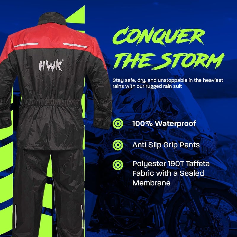HWK Motorcycle Rain Suit for Men and Women - Waterproof Two-Piece Gear with Reflective Jacket and Pants, Red, 4X-Large - Image 2