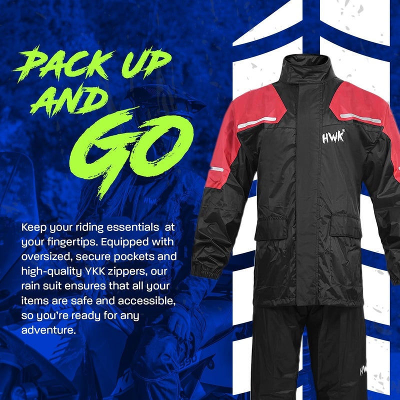 HWK Motorcycle Rain Suit for Men and Women - Waterproof Two-Piece Gear with Reflective Jacket and Pants, Red, 4X-Large - Image 5