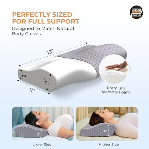 CareFoam Memory Foam Cervical Neck Pillow | 2 Years Warranty | Pain Relief Sleep, Improves Posture, Spinal Alignment, Neck Pain Relief | 19 x 12 x 4 Inch | Grey Jacquard Cover | Pack of 2 - Image 3