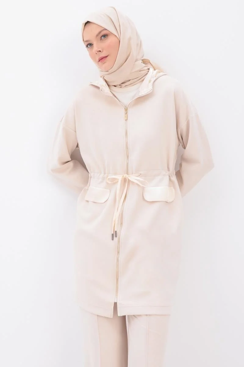 Allday Light Beige-Satin Garnished Hooded Cardigan