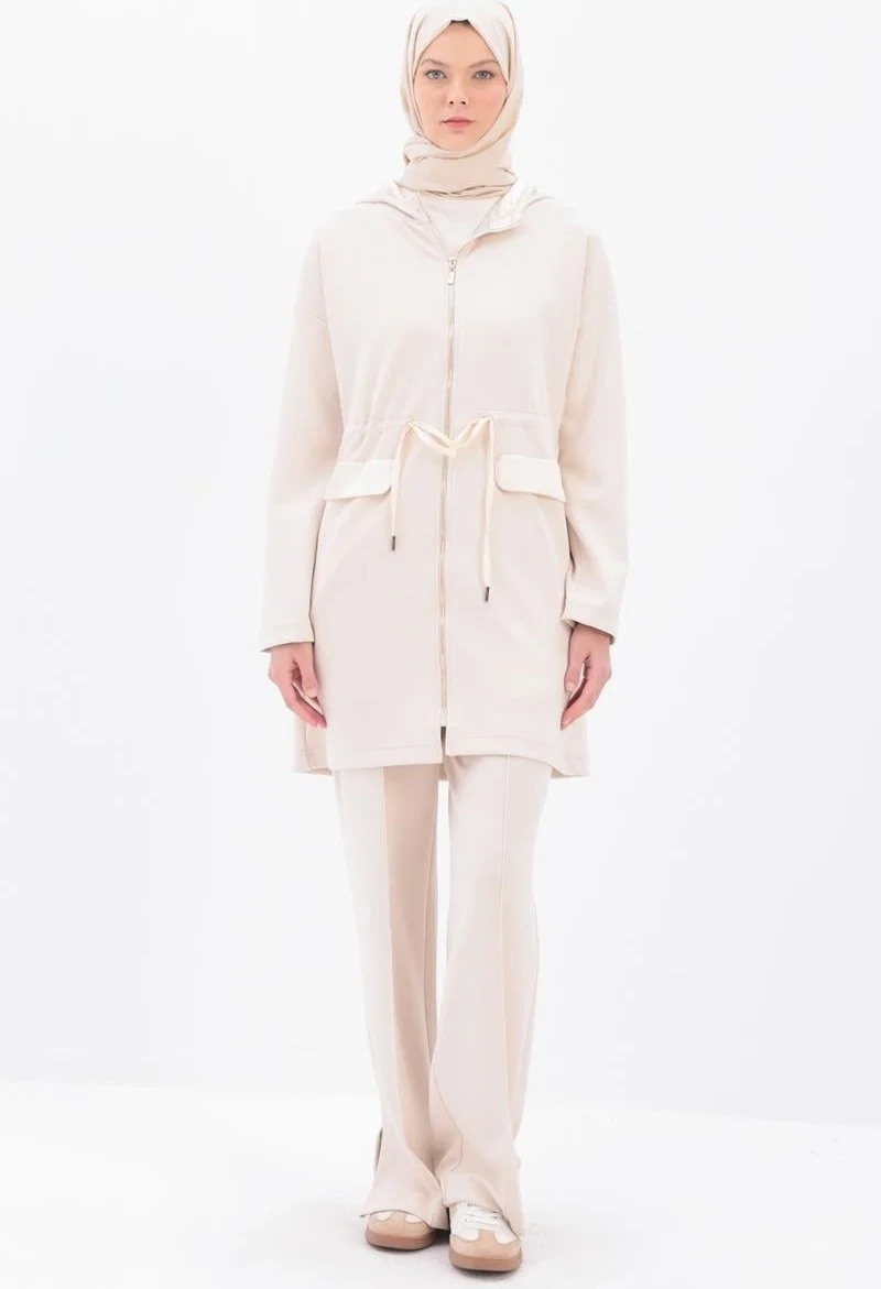 Allday Light Beige-Satin Garnished Hooded Cardigan