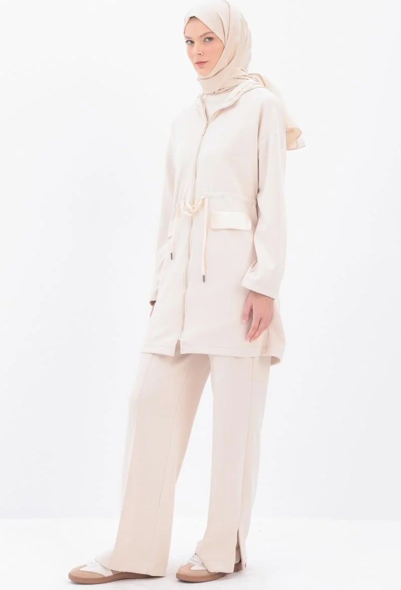 Allday Light Beige-Satin Garnished Hooded Cardigan