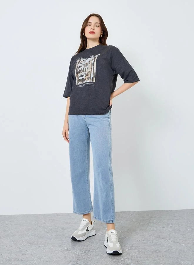 Styli Women Charcoal Paris Graphic Oversized T-Shirt