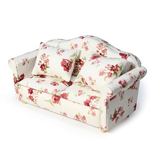 Cutemini Dollhouse Couch Miniature Sofa with Pillows Dollhouse Living Room Funiture 112 Model 3 Pcs High Simulation Upholstered Armchair Mini Room Artificial House Scene Decoration White Floral - Image 1
