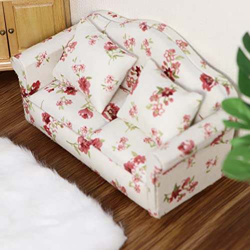 Cutemini Dollhouse Couch Miniature Sofa with Pillows Dollhouse Living Room Funiture 112 Model 3 Pcs High Simulation Upholstered Armchair Mini Room Artificial House Scene Decoration White Floral - Image 5