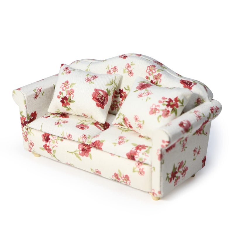Cutemini Dollhouse Couch Miniature Sofa with Pillows Dollhouse Living Room Funiture 112 Model 3 Pcs High Simulation Upholstered Armchair Mini Room Artificial House Scene Decoration White Floral - Image 3