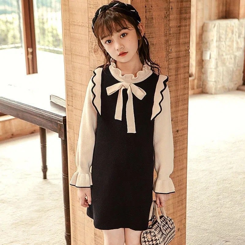 Girls dress autumn and winter new medium and large childrens long-sleeved sweater knitted skirt lace college style childrens skirt autumn clothing Black