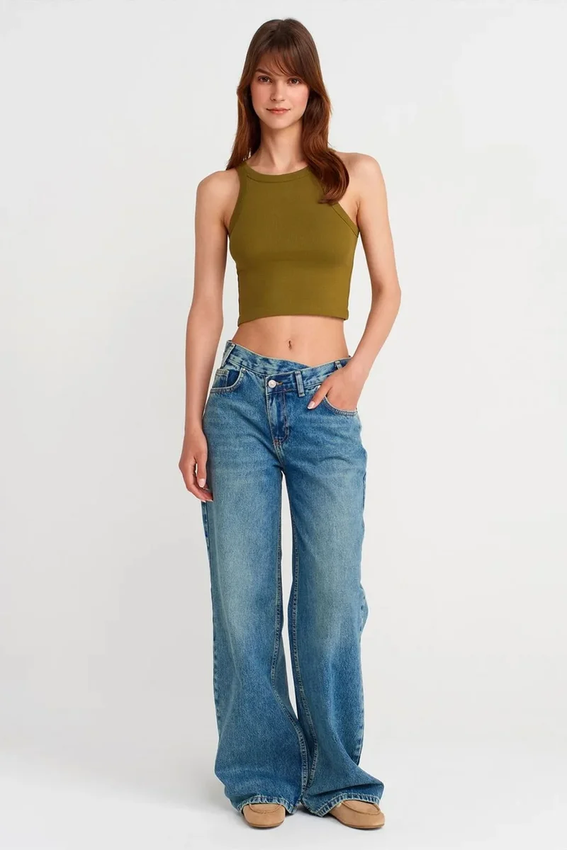 Dilvin Olive Green DILVIN Ribbed Cotton-blend Sleeveless Crop Top for Women | Best Price UAE