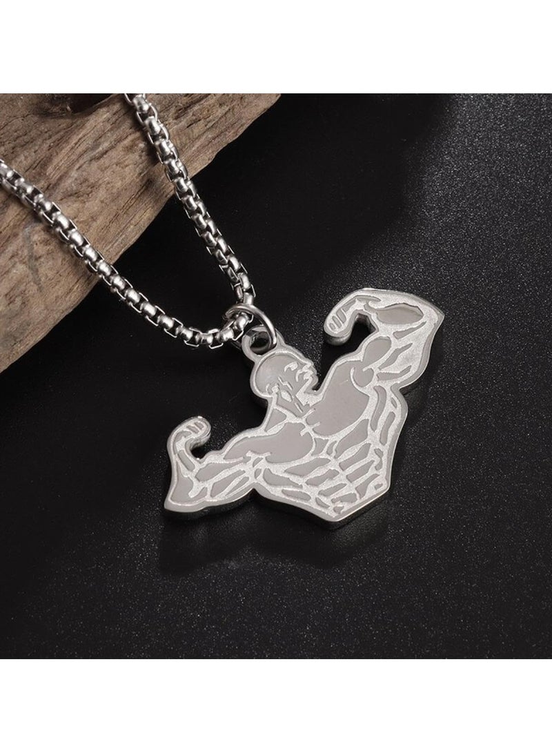 MARIO DRAFTS Bodybuilder Silhouette Pendant Necklace, Stainless Steel Chain, Silver - Image 1