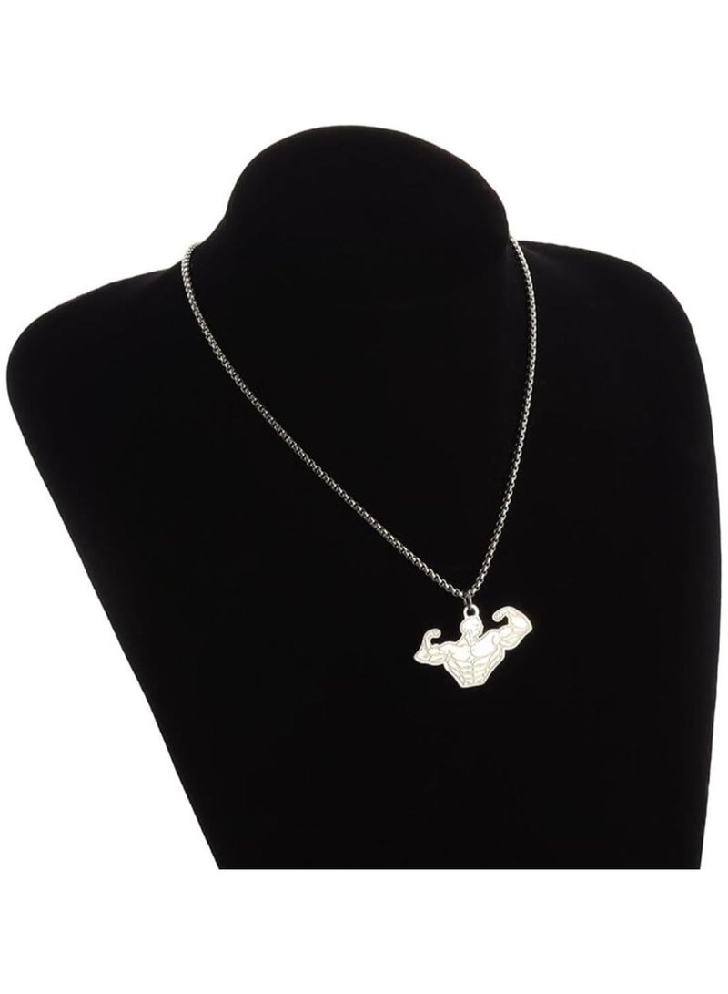 MARIO DRAFTS Bodybuilder Silhouette Pendant Necklace, Stainless Steel Chain, Silver - Image 3