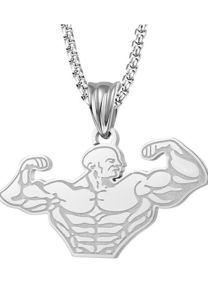 MARIO DRAFTS Bodybuilder Silhouette Pendant Necklace, Stainless Steel Chain, Silver - Image 2