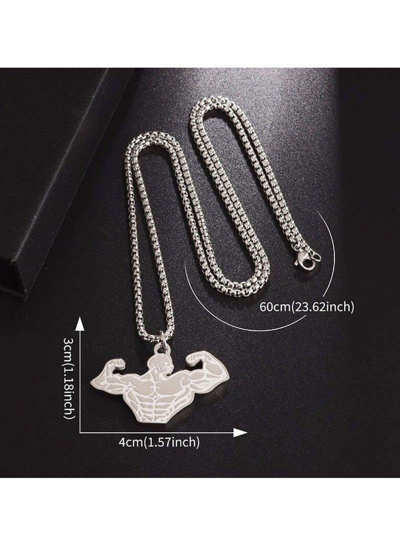 MARIO DRAFTS Bodybuilder Silhouette Pendant Necklace, Stainless Steel Chain, Silver - Image 4