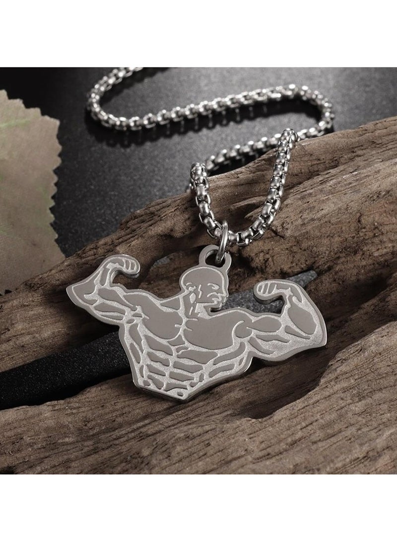 MARIO DRAFTS Bodybuilder Silhouette Pendant Necklace, Stainless Steel Chain, Silver - Image 5