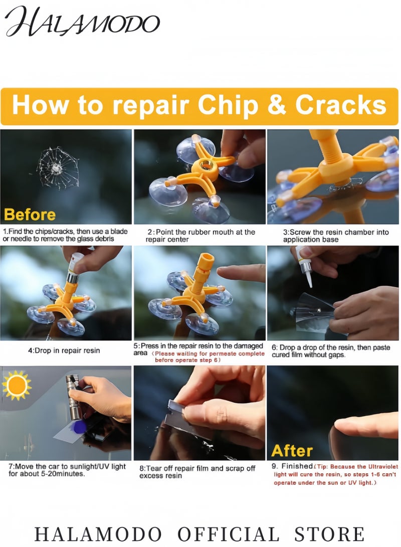 هالامودو مجموعة إصلاح زجاج السيارة الأمامي مع مجموعة إصلاح شقوق الزجاج الأمامي من الراتينج لإصلاح الزجاج الأمامي، مجموعة إصلاح شقوق الزجاج الاحترافية DIY لإصلاح زجاج السيارة الأمامي والشقوق والرقائق والخدوش - Image 5