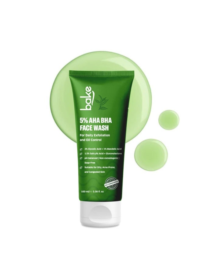 BAKE 5% AHA BHA Face Wash with 1.5% Salicylic Acid, 2% Glycolic Acid & 1% Mandelic Acid for Open Pores, Acne & Dark Spots | For Oily Acne Prone Skin | Daily Exfoliation & Oil Control - 100ml - Image 1