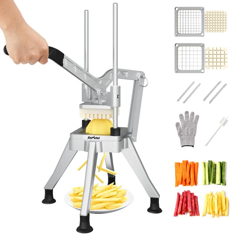 Sunvivi Commercial French Fry Cutter, Heavy Duty Potato Slicer with 2 Replaceable blades (1/2 & 3/8 Inch), Professional Fries Cutter for Potatoes, Carrots, Cucumber, Onion, Yam, Stainless Steel - Image 1