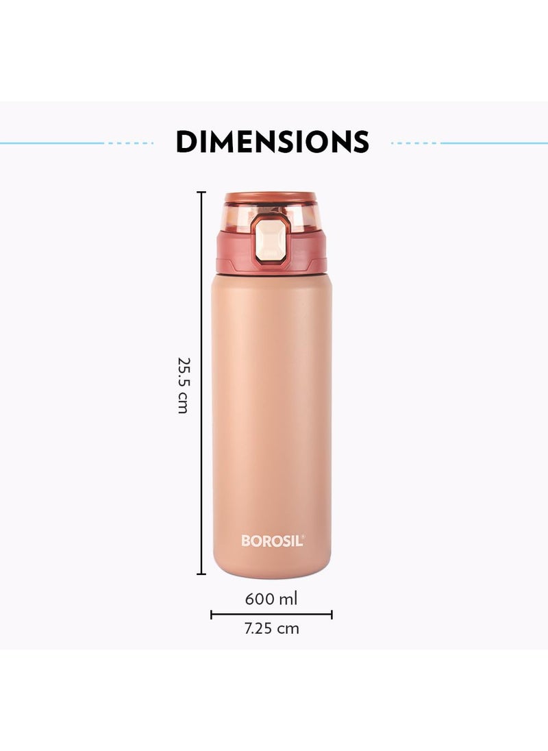BOROSIL Borosil Aquasport 600 ml Stainless Steel Insulated Water Bottle | Double Wall Vaccum Insulated, Flask | 10 Hours Hot & Cold | Bottle for Office, Gym, School | 1 Year Warranty, Peach  - Image 3