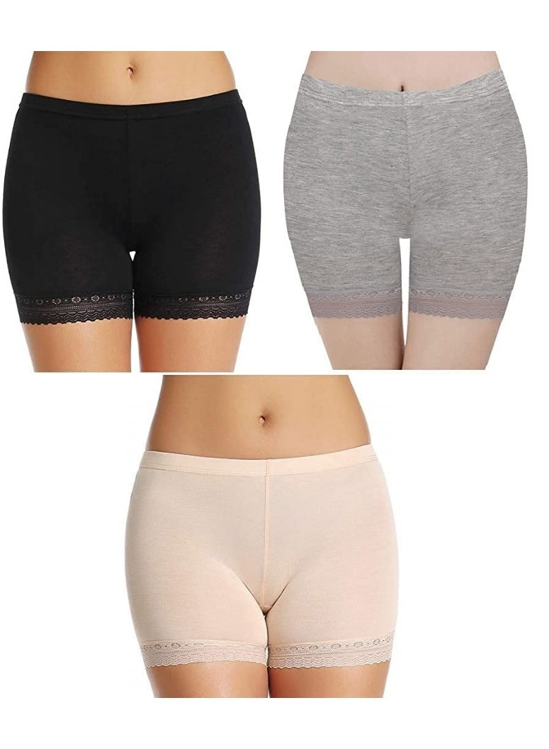 Glamroot Women's/Girl's Cotton Lycra Shorts with Lace Trim Cycling Shorts/Safety Shorts/Under Skirt Shorts/Night Shorts, Black/Beige/Grey, Pack Of 3 - Image 1