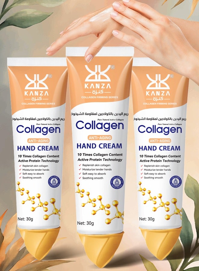 Kanza 3 قطع كريم يد مضاد للشيخوخة بالكولاجين مرطب عميق كريم يد مضاد للتجمد ومنع التشققات ناعم ومشرق كريم يد بالكولاجين مرطب مرطب لإصلاح اليدين الجافة والخشنة 3x30 جرام - Image 1