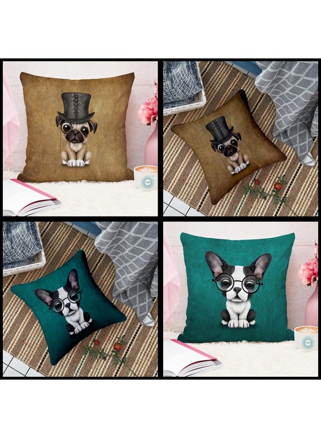STITCHNEST Cute French Bulldog and Pug Puppy with Manacle Digital Print Jute Cushion Cover, 12 X 12 inches (Set of 2) - Image 2