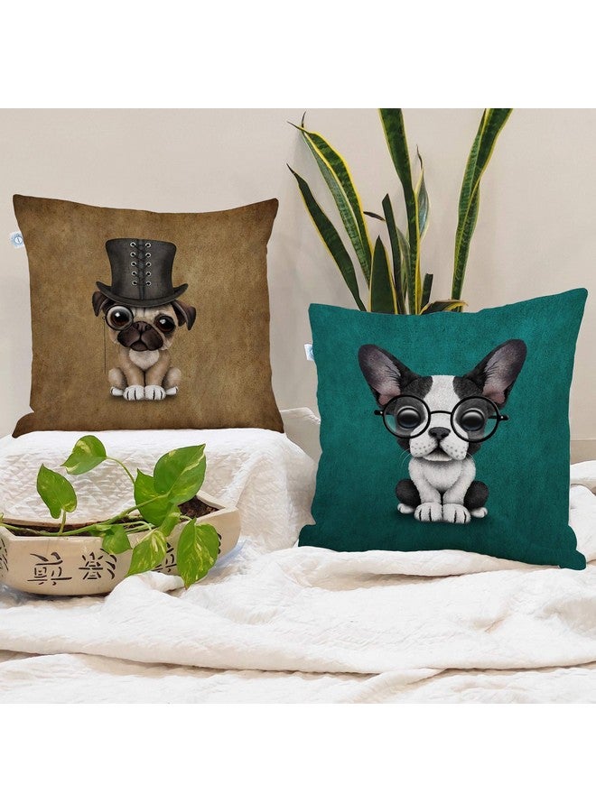 STITCHNEST Cute French Bulldog and Pug Puppy with Manacle Digital Print Jute Cushion Cover, 12 X 12 inches (Set of 2) - Image 1