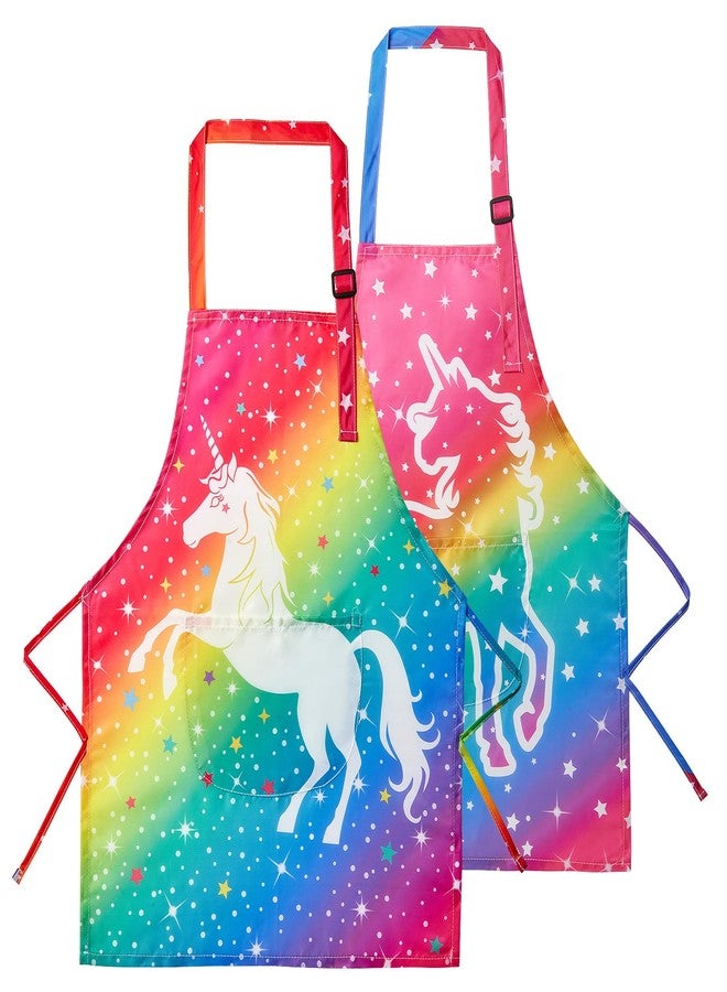 Lictin 2 Pack Kids Apron for Girls Boys Aprons for Cooking, Waterproof Art Apron with Pockets for Kids Painting Cooking Baking (4-12 Years), Red Unicorn - Image 1