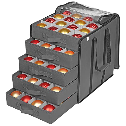 ProPik Christmas Ornament Storage Boxes with Dividers - 5 Separate Trays - Ornament Holder - Keeps 100 Holiday Ornaments - Durable Carrying Bag Handles Organizer Storage Box (Gray) - Image 1