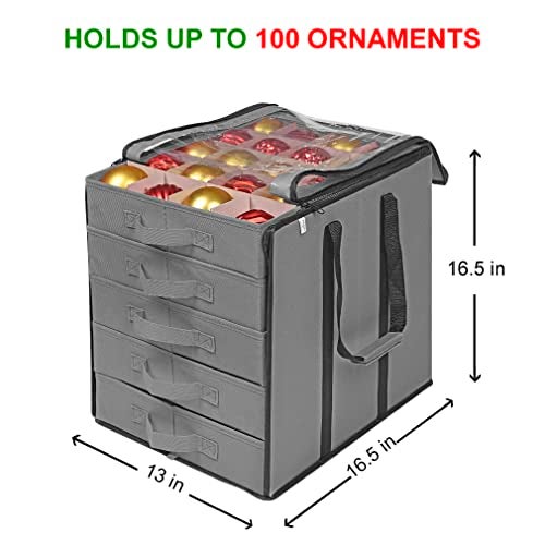 ProPik Christmas Ornament Storage Boxes with Dividers - 5 Separate Trays - Ornament Holder - Keeps 100 Holiday Ornaments - Durable Carrying Bag Handles Organizer Storage Box (Gray) - Image 5
